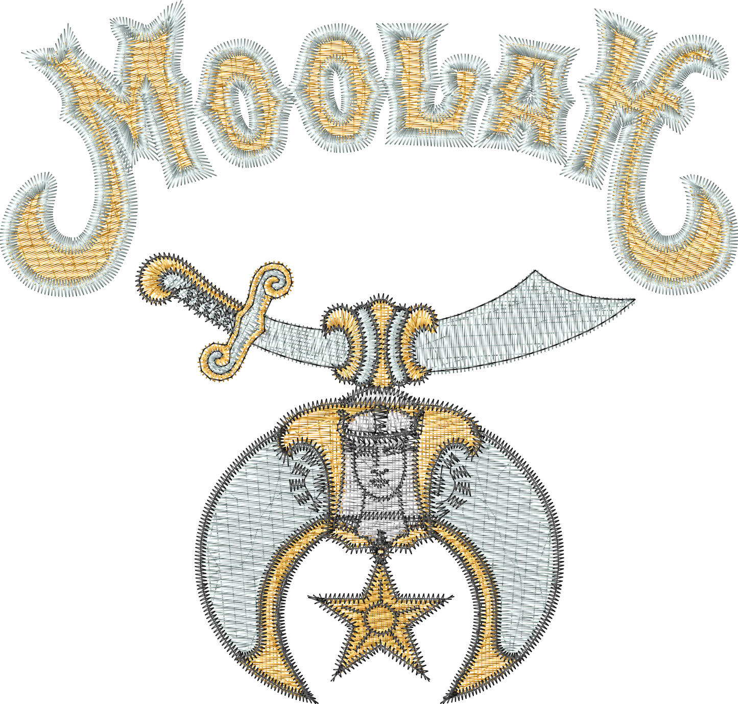 Decorative design with 'Moola' text and a sword emblem on a white background