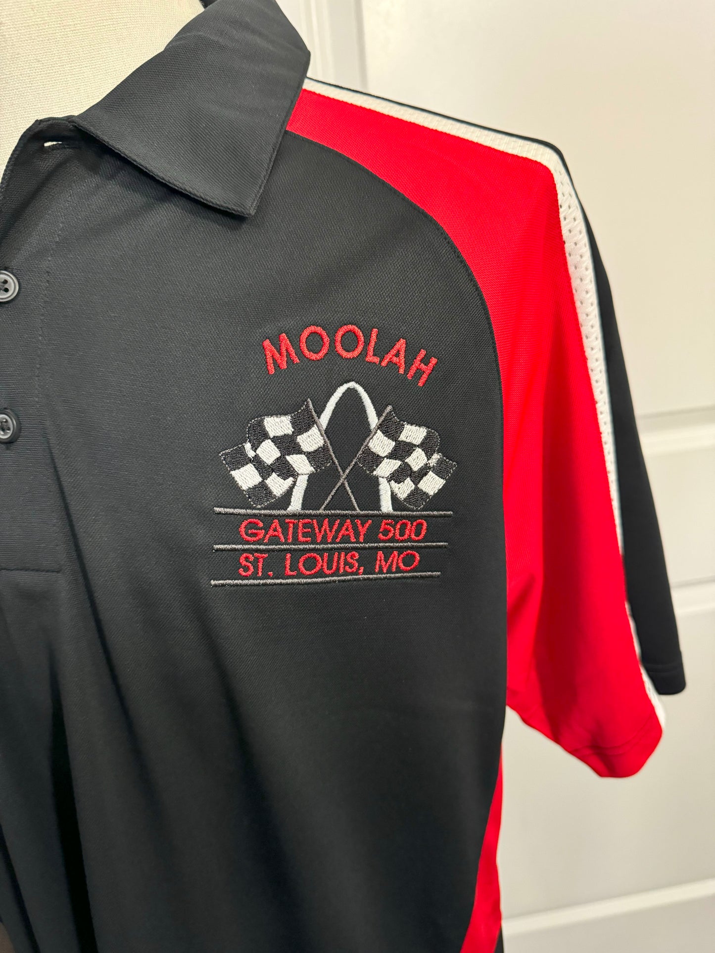 Black and red shirt with 'Moolah Gateway 500 St. Louis, MO' text and graphics on a white background