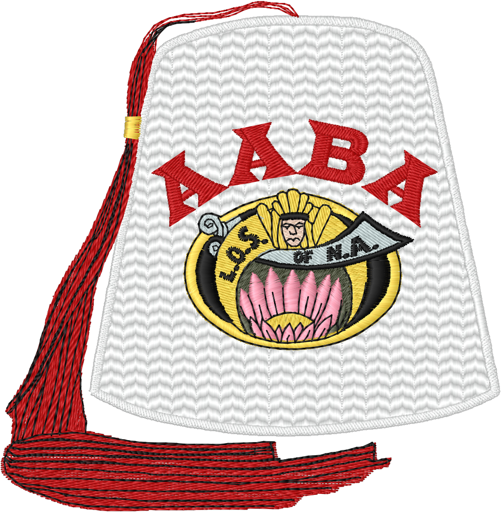 Fez hat with embroidered logo and red tassel on a white background