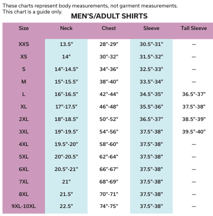 a chart of clothing size