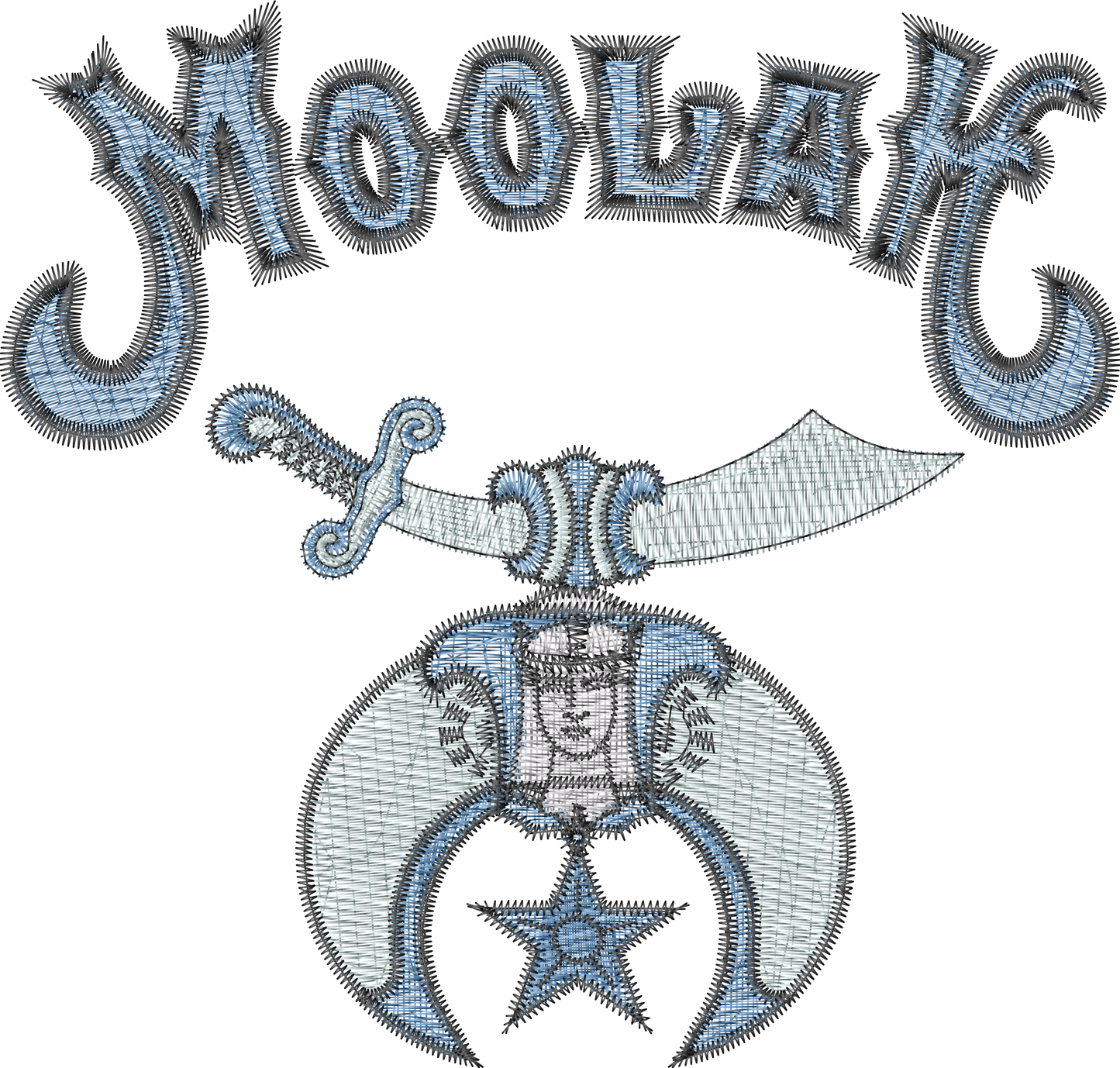 Embroidered design with the word 'Moolah' and decorative elements on a white background