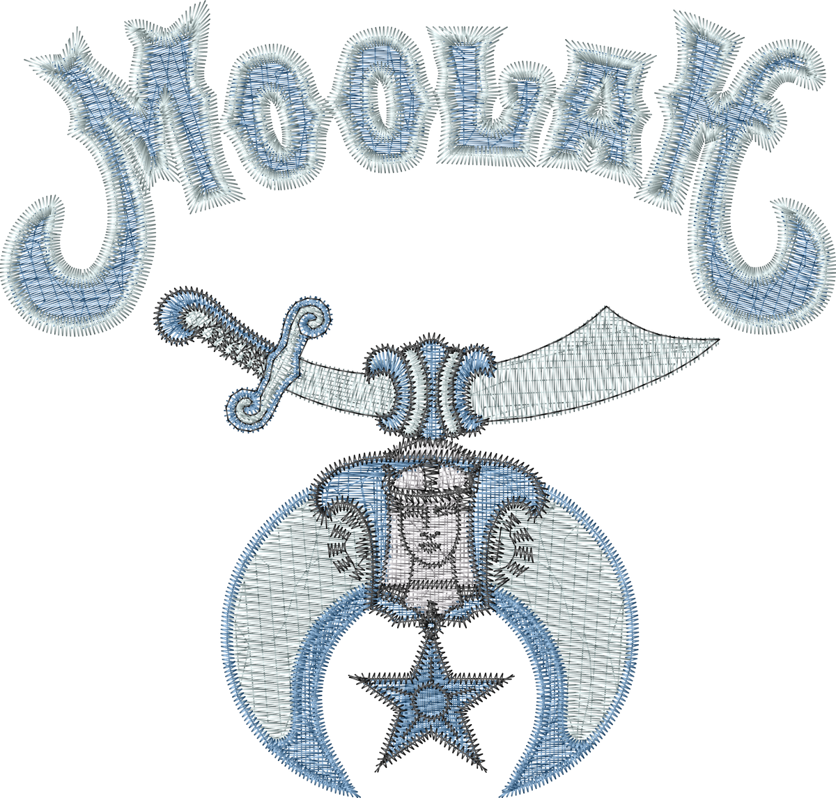 Decorative text with a sword and star design on a white background