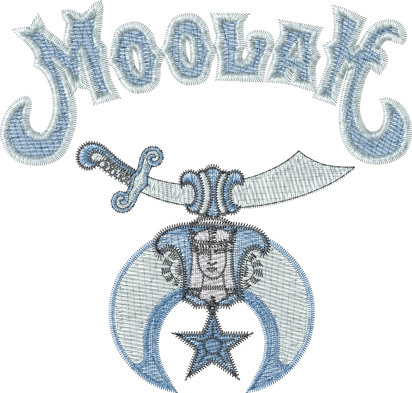 Decorative text with a sword and star design on a white background