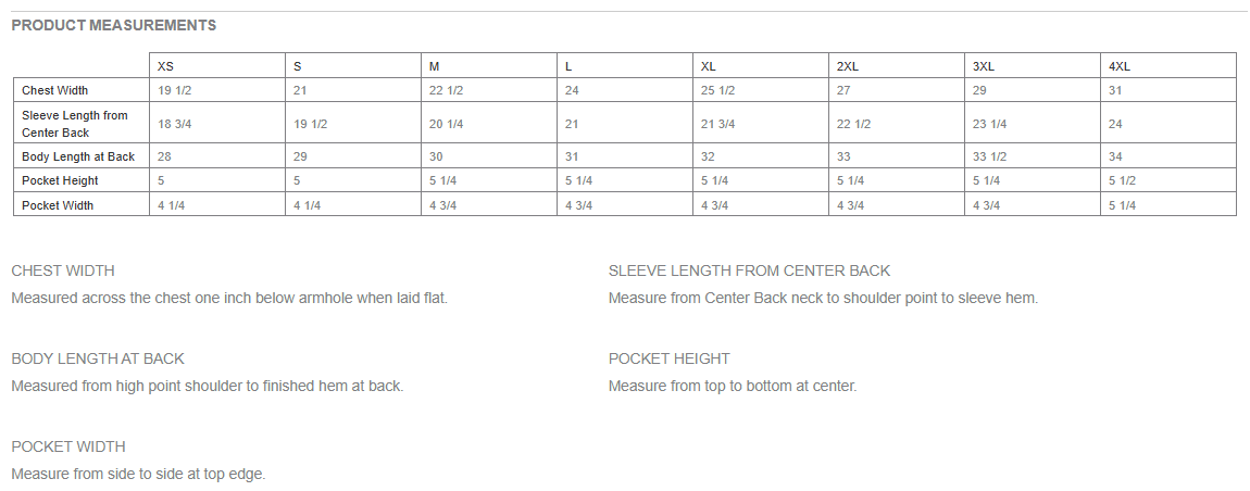 Measurement chart for clothing sizes with text labels