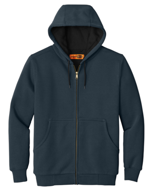 Navy blue hoodie with a brand logo on a white background