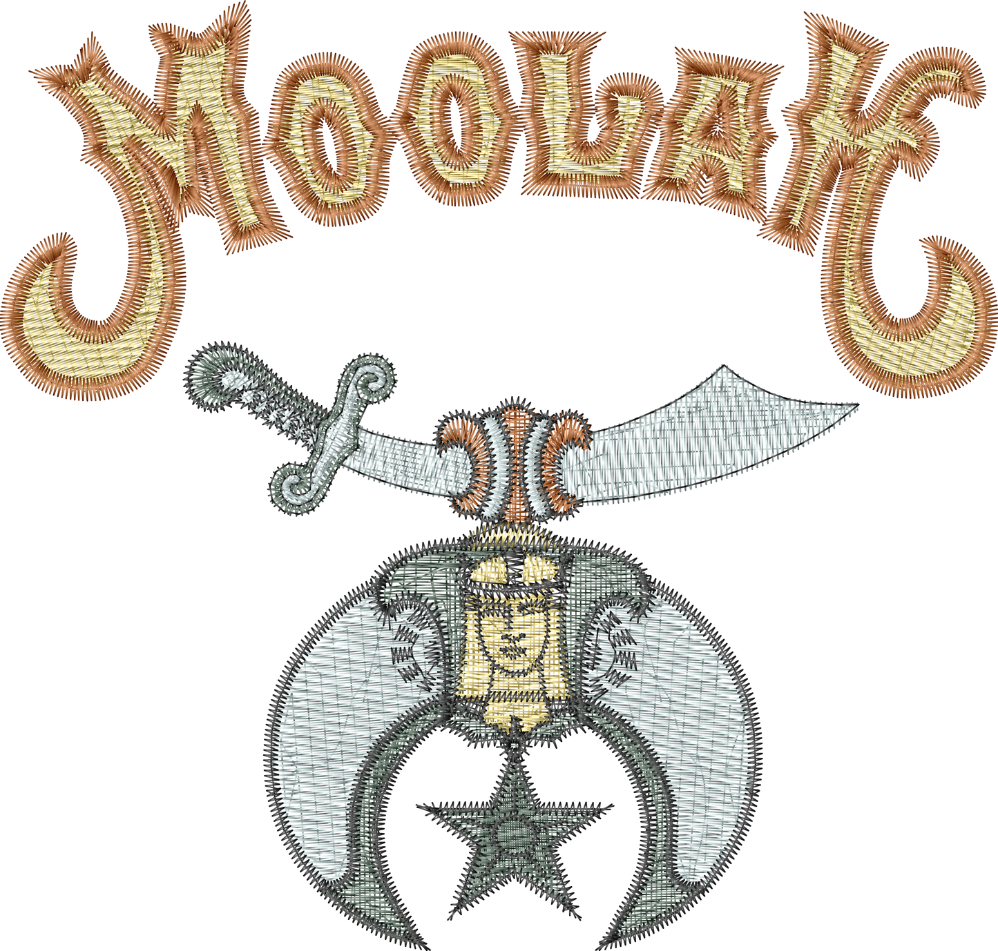 Embroidered design with 'Moolah' text and a dagger symbol on a white background