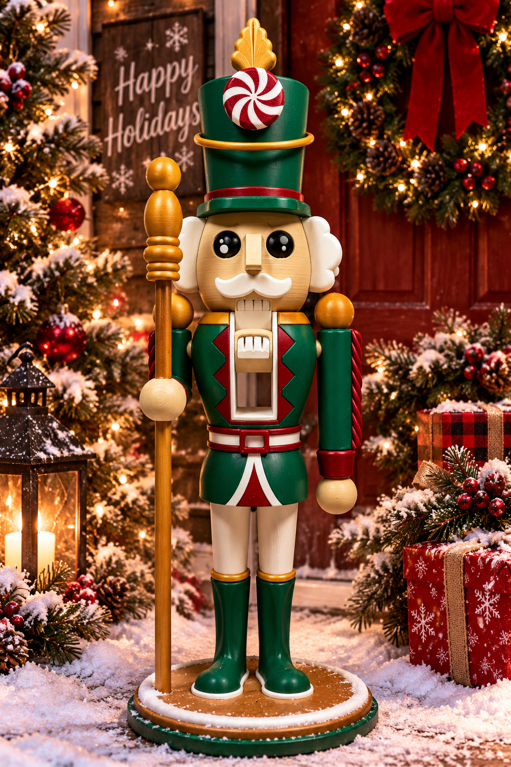 a nutcracker with a staff in front of a door