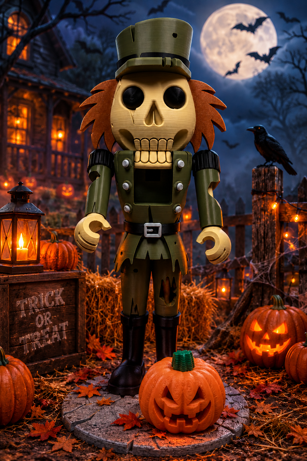 a toy figure in front of a pumpkin patch