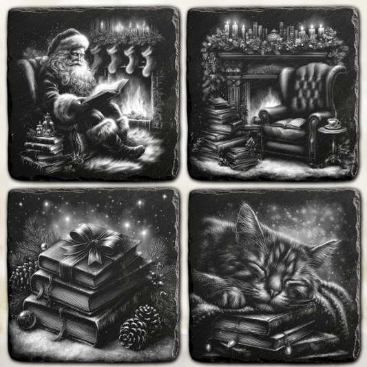 a black and white picture of a cat and a fireplace