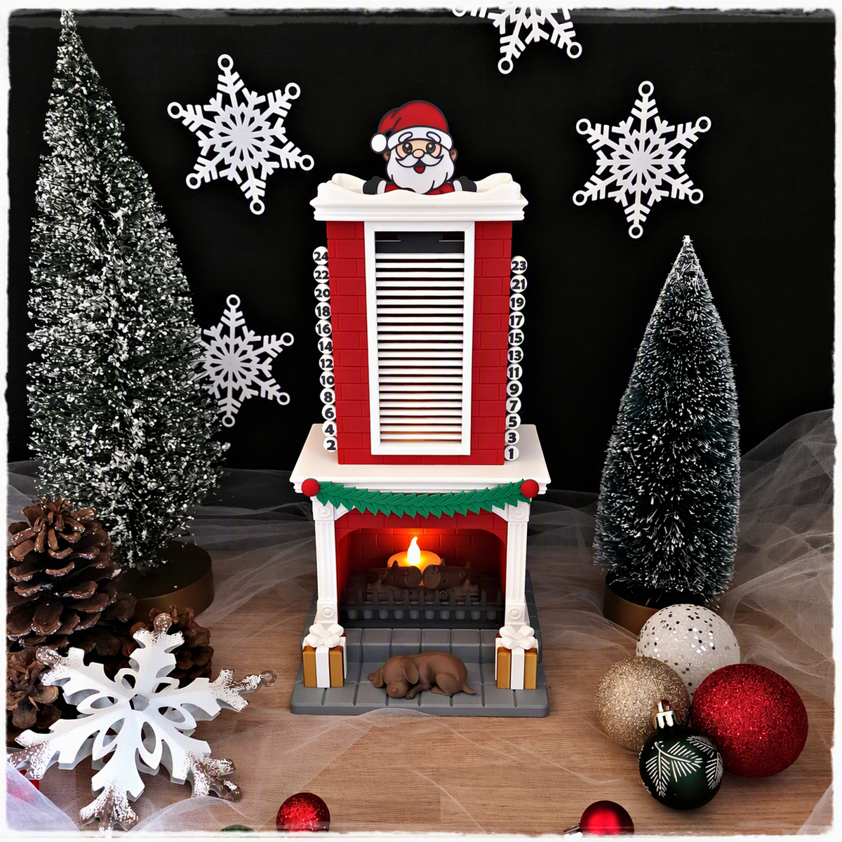 a toy fireplace with a santa claus on top