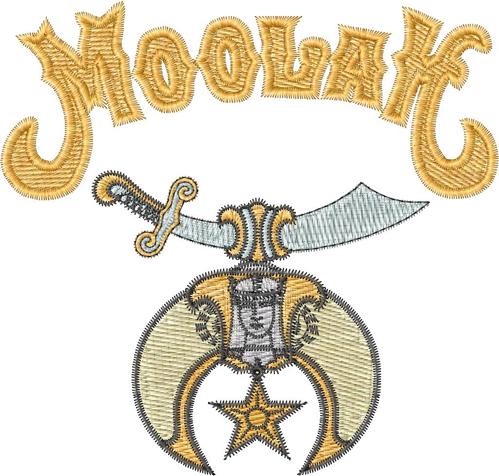 Embroidered design with 'Moolah' text and a dagger emblem on a white background