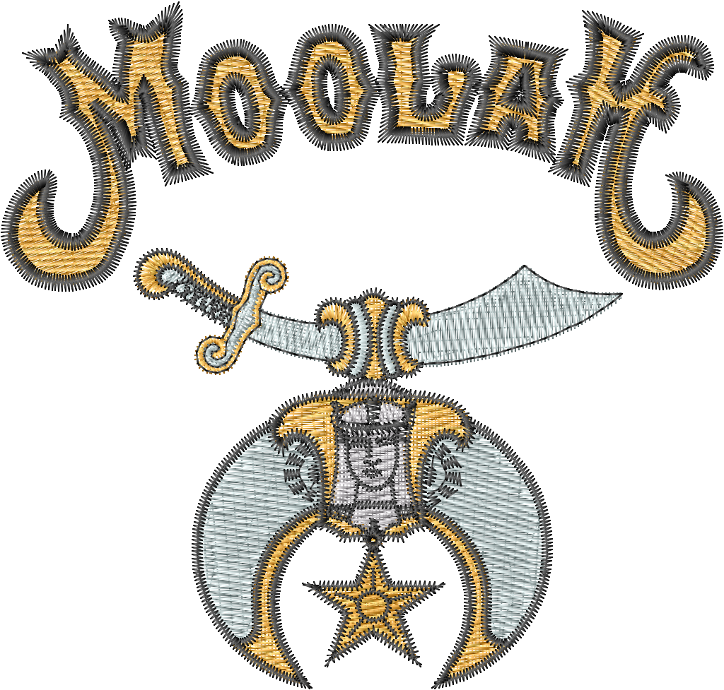 Embroidered design with 'Moolah' text and a central emblem on a white background
