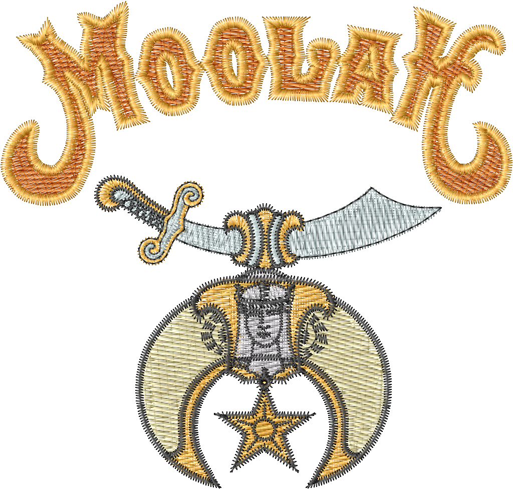 Embroidered design with 'Moolah' text and a dagger emblem on a white background
