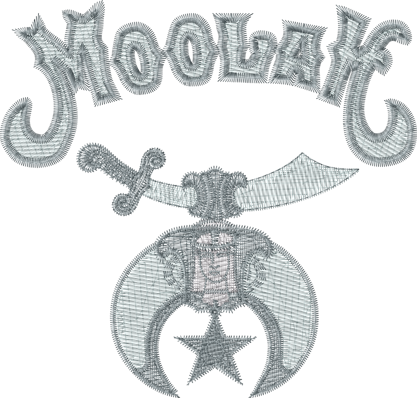 Embroidered design with 'Moolah' text and a knife with a star emblem on a white background
