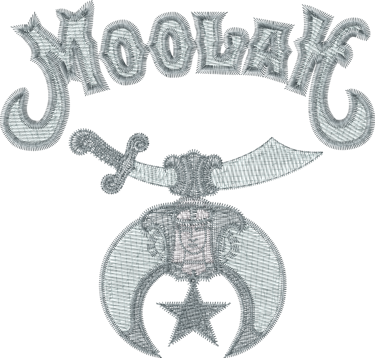 Embroidered design with 'Moolah' text and a knife with a star emblem on a white background