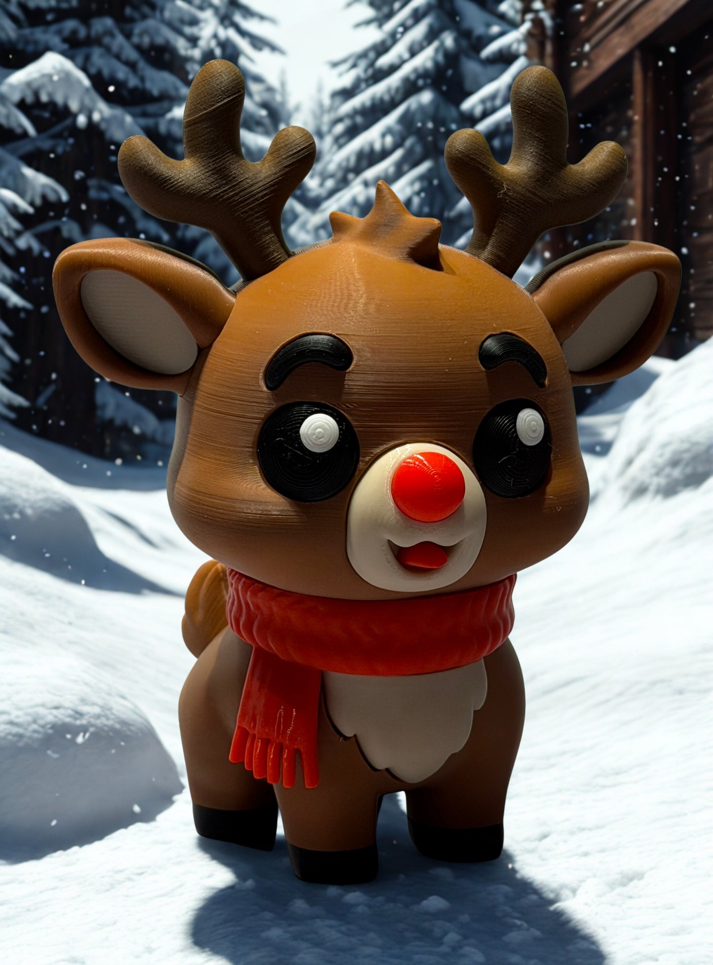Toy reindeer with a red scarf in a snowy landscape