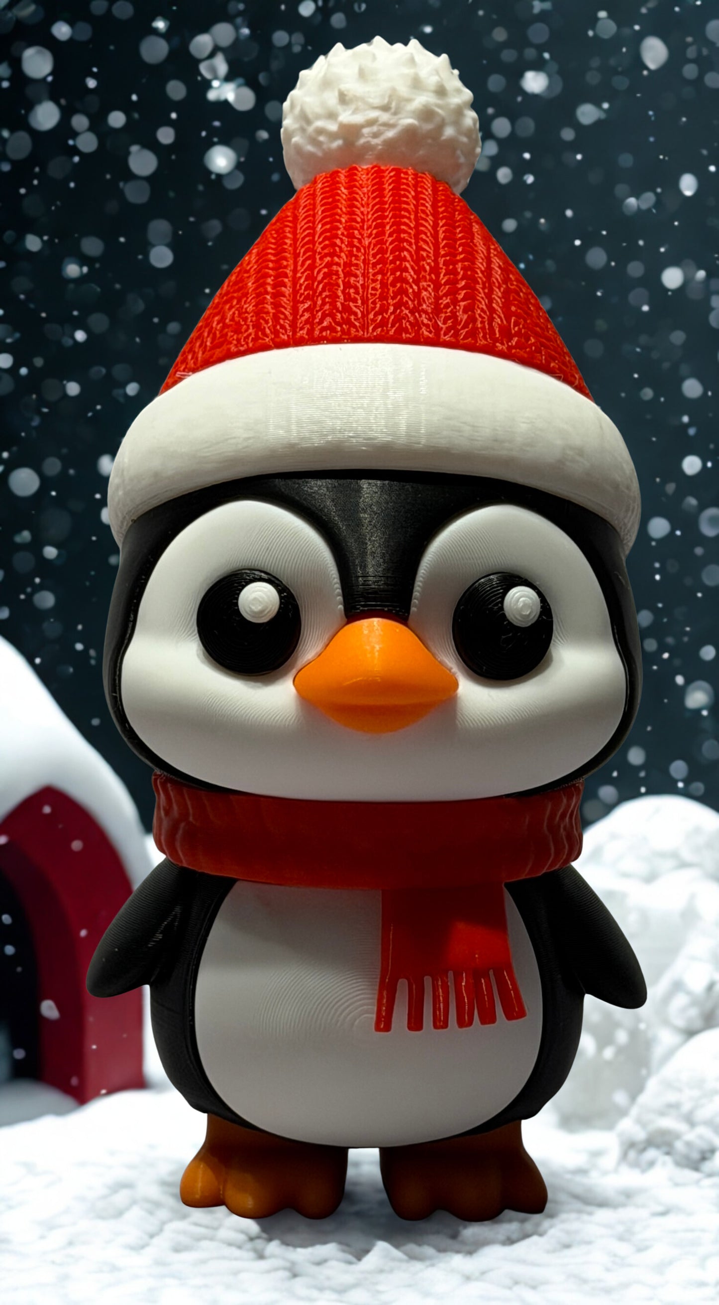 Toy penguin wearing a red hat and scarf against a snowy background