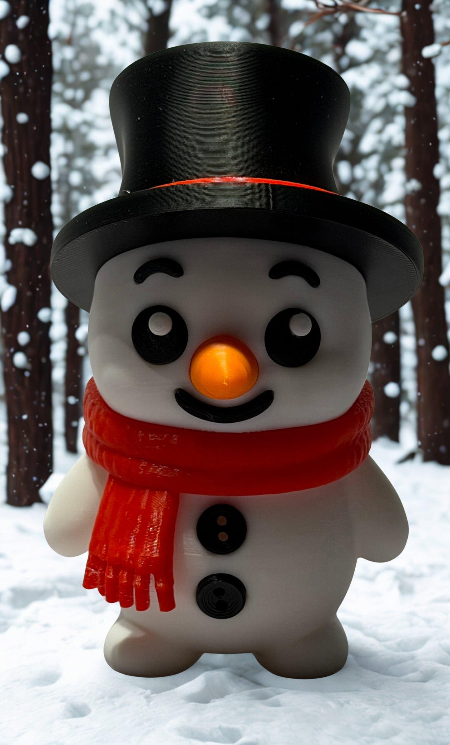 Snowman figurine with a black top hat, red scarf, and orange carrot nose in a snowy forest setting.
