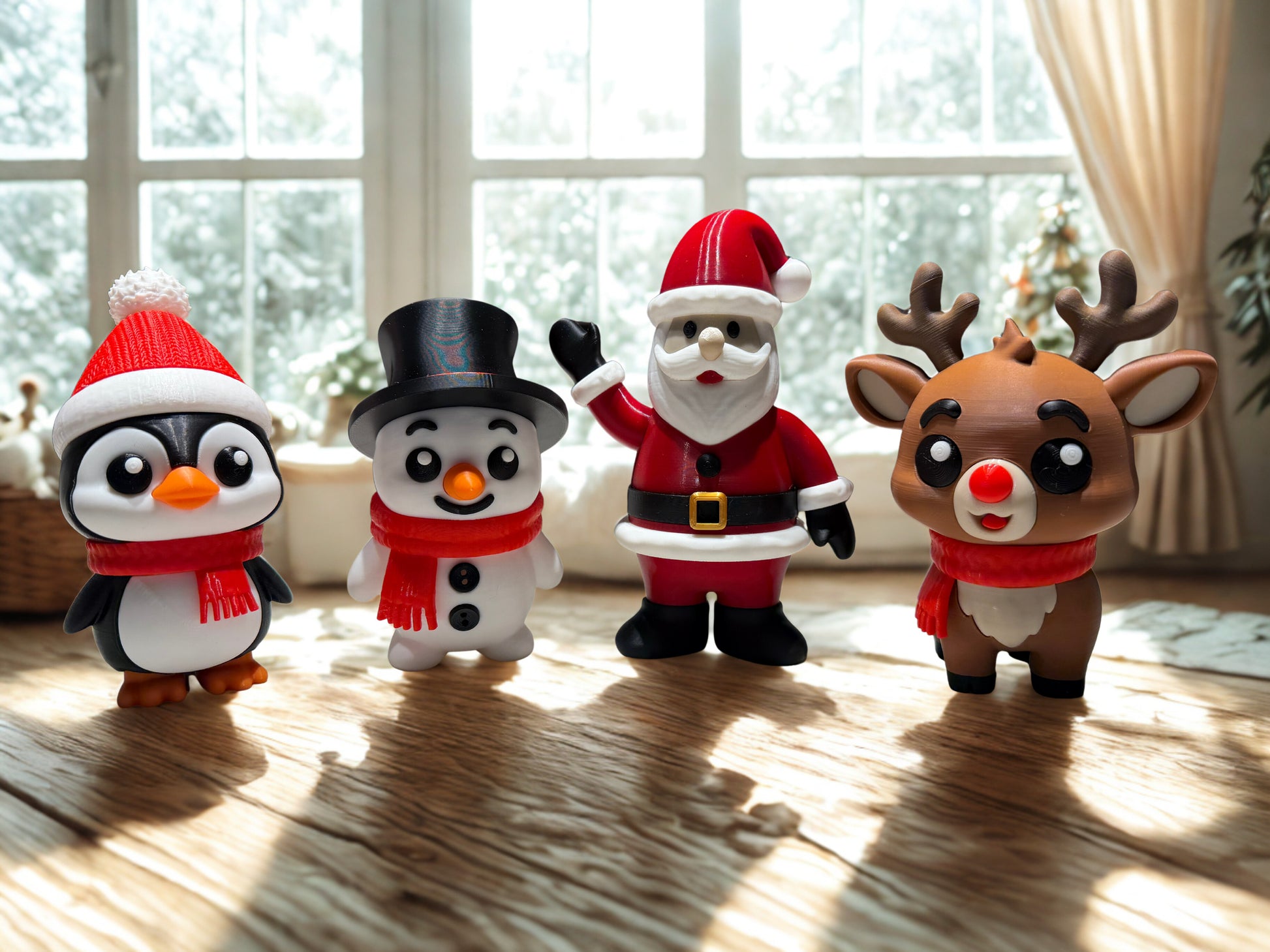 Four Christmas-themed figurines on a wooden surface with a window in the background.