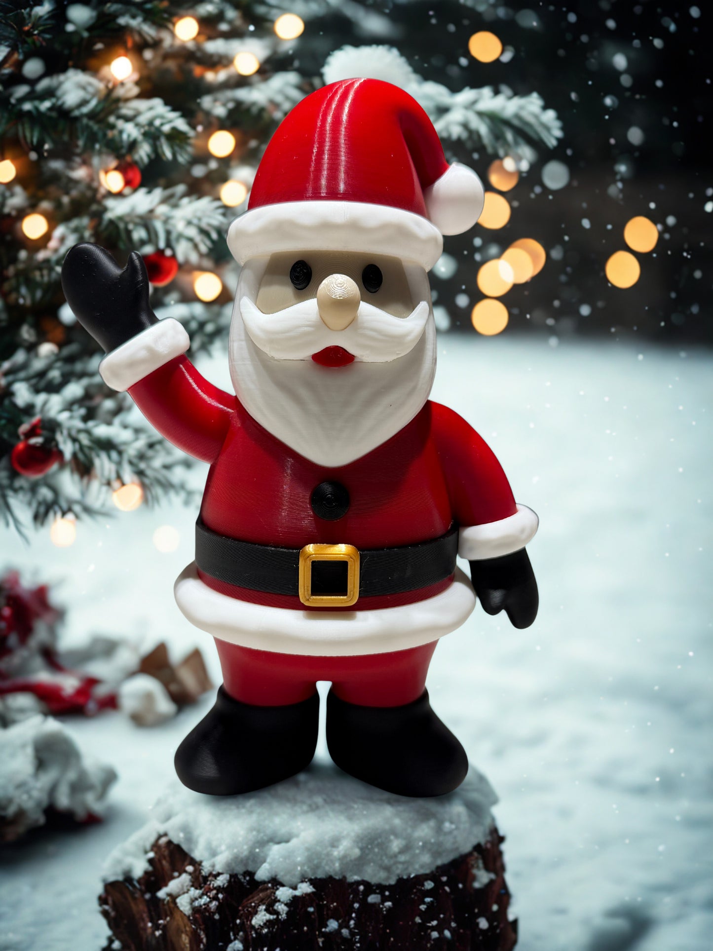 Santa Claus figurine in front of a Christmas tree with lights and snow.