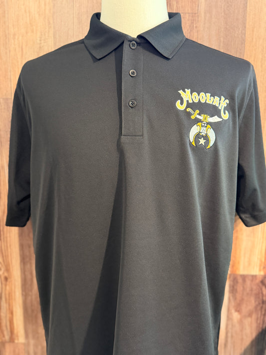 a black polo shirt with a logo on it