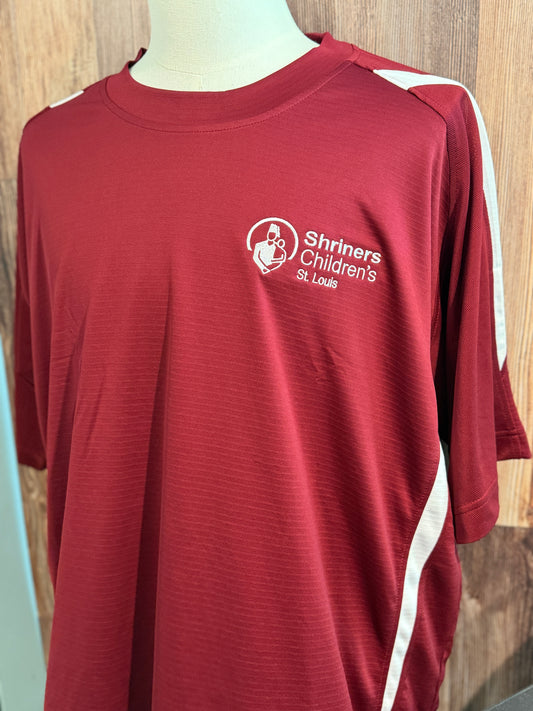a red shirt with white text on it