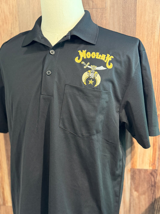 a black polo shirt with yellow text on it