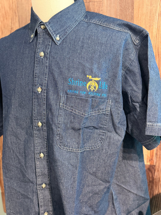 a blue shirt with a logo on it