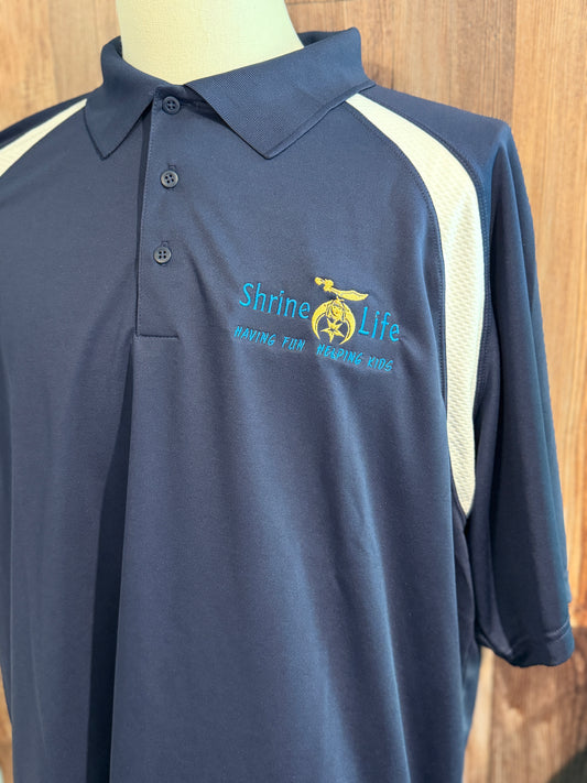 a blue shirt with a yellow logo on it
