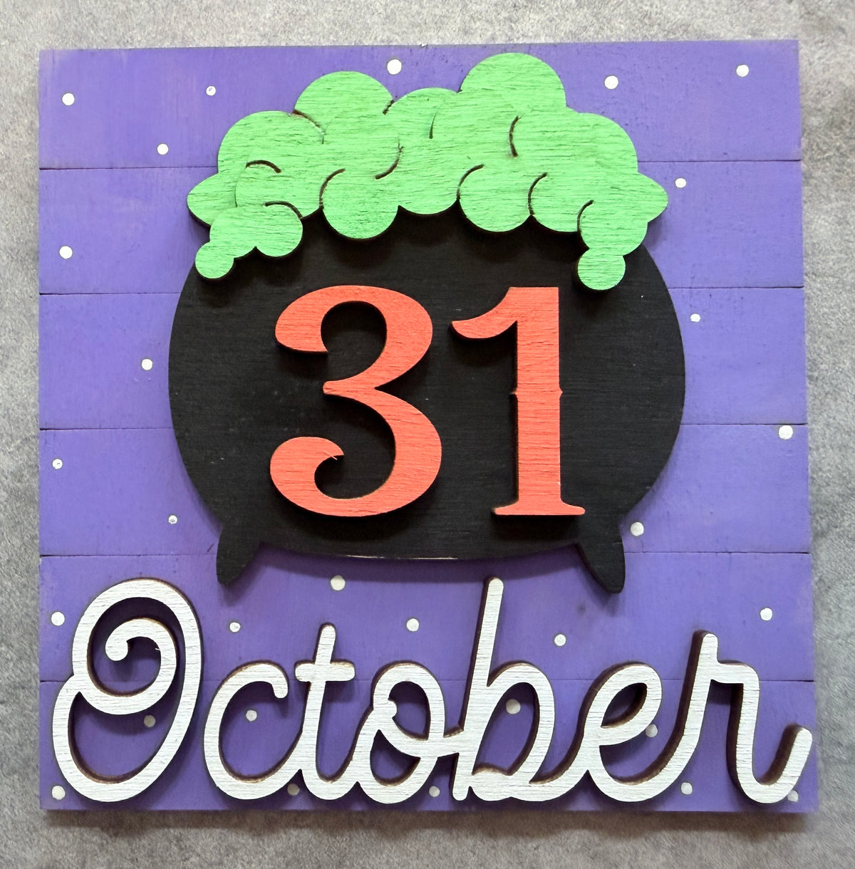 a purple sign with a green hat and a number on it
