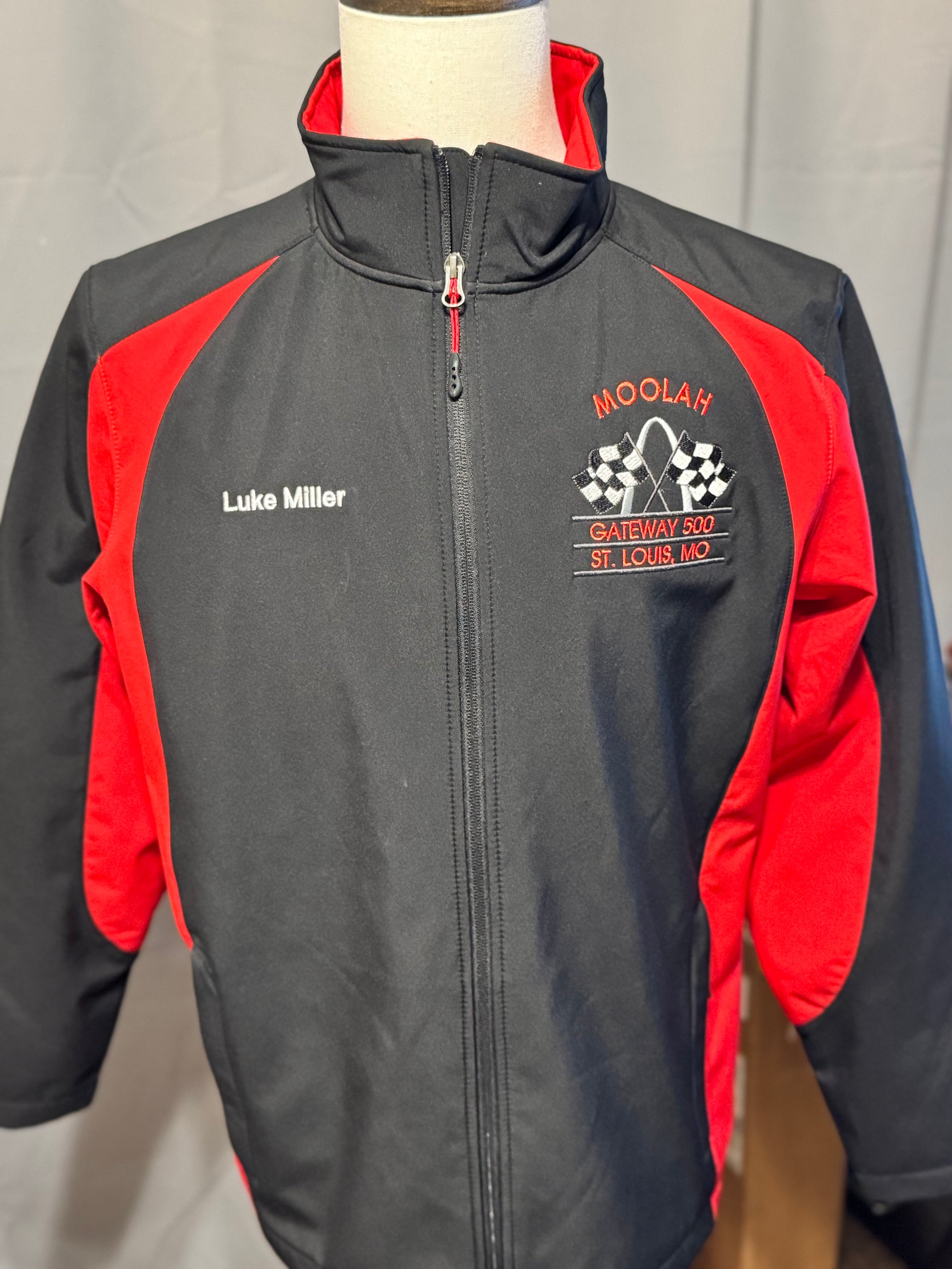A black jacket with red accents, featuring full back embroidery with a left chest emblem and the text 'Moorland GATEWAY 500' on a mannequin.