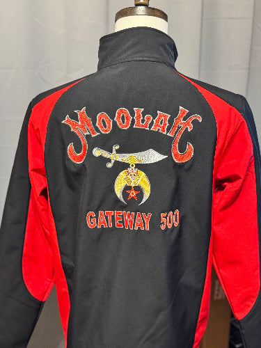 A black jacket with red accents, featuring full back embroidery with a left chest emblem and the text 'Moorland GATEWAY 500' on a mannequin.