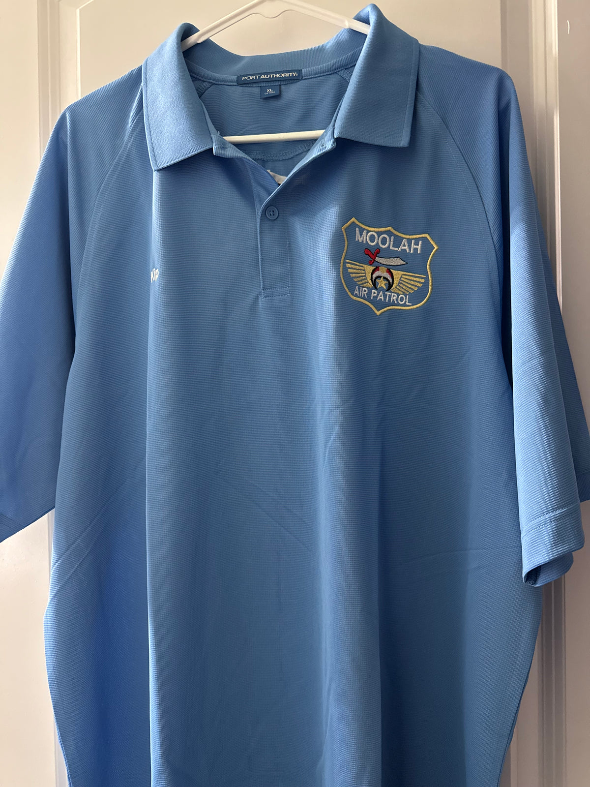 a blue polo shirt on a swinger