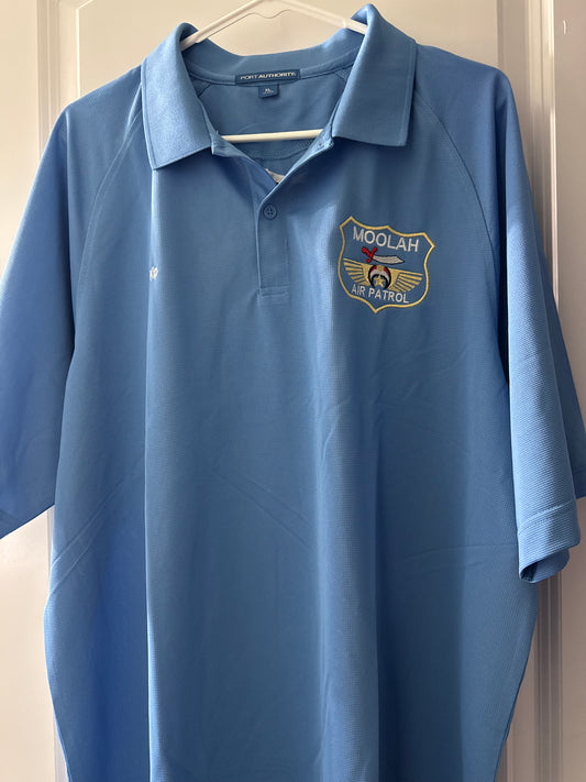 a blue polo shirt on a swinger