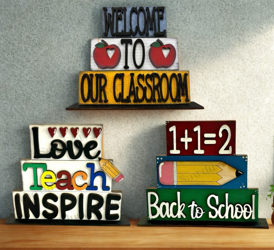 a group of signs on a shelf