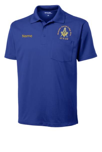 Blue polo shirt with a logo and text on a white background