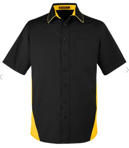 A black short-sleeve button-up shirt with bright yellow contrast panels on the sides and inner collar, shown against a plain white background.