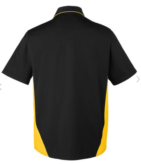 Black short-sleeve polo shirt shown from the back, featuring bright yellow side panels and a thin yellow piping detail along the collar.
