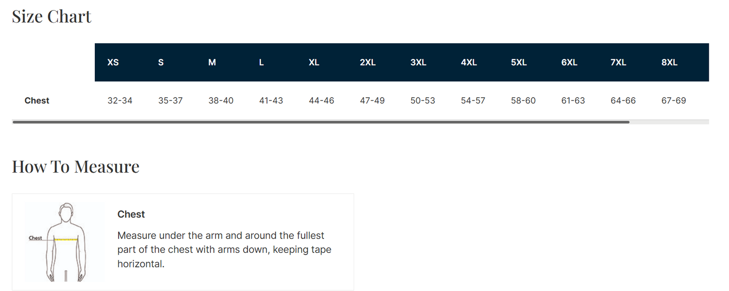 a screenshot of a clothing size chart
