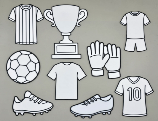 a group of cut out sports items