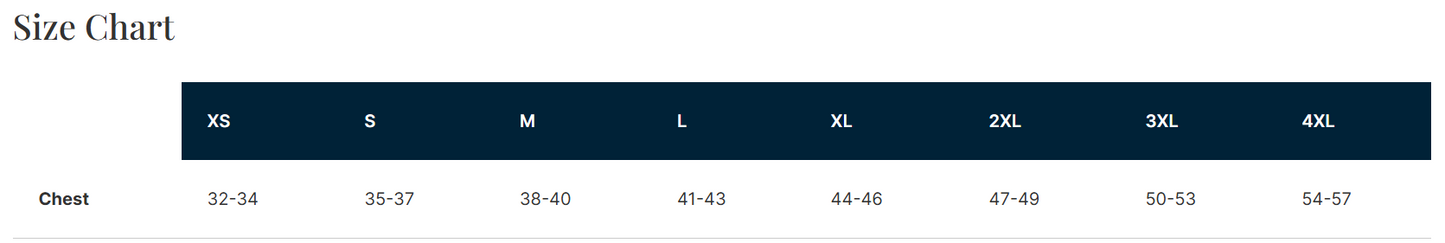 Size chart for clothing with chest measurements in inches