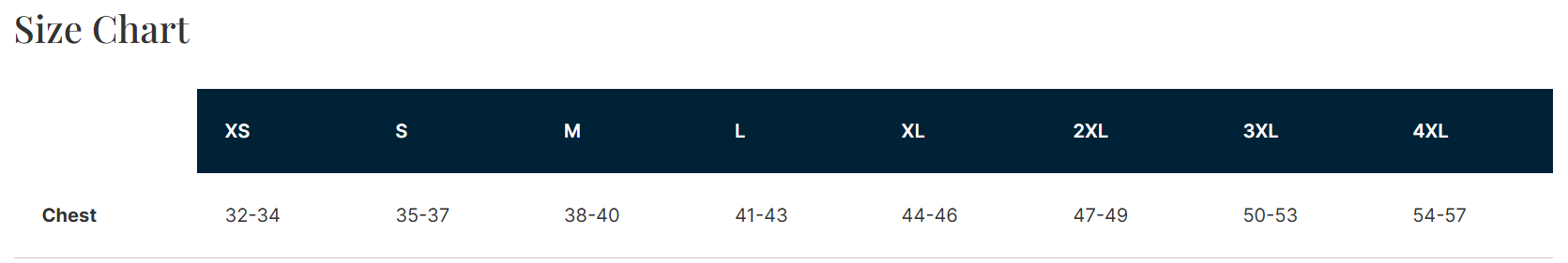 Size chart for clothing with chest measurements in inches